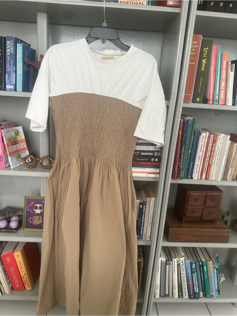 Women's Two-Tone Smocked Midi Dress in White and Tan